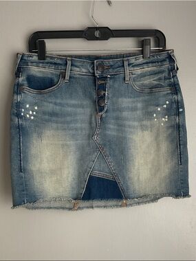 True Religion Faded Blue Distressed Denim Mini Skirt with Front V-Slit